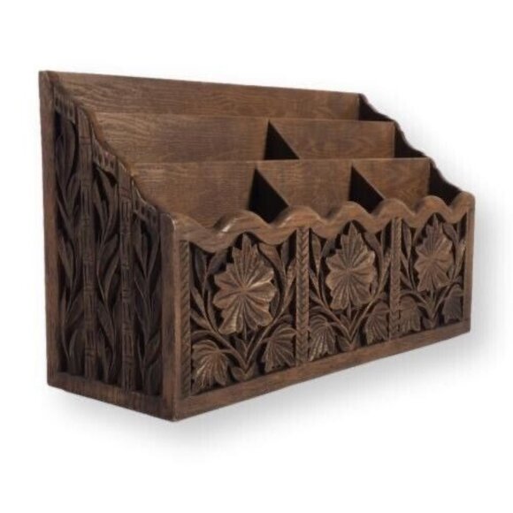 Vintage Desk Top Organizer MCM Lerner Molded Faux Carved Wood Letter Mail Bill - Picture 1 of 7